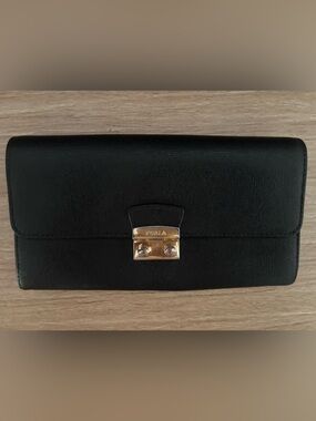 Furla Black Saffiano Leather Wallet with Gold Hardware